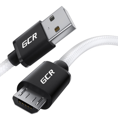 GCR Кабель 1.0m MicroUSB, быстрая зарядка, белый нейлон, черные коннекторы, GCR-55598