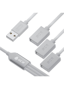 GCR USB Hub 2.0 на 3 порта, 0.35m, гибкий, AM / 3 х AF, белый, GCR-53354