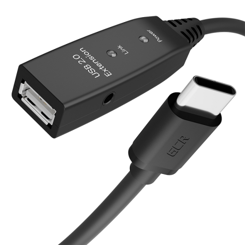 GCR PRO Кабель-переходник активный 10.0m Type-C / AF USB 2.0 с усилителем сигнала, разъём для доп.питания, черный, 28/24 AWG, GCR-55535
