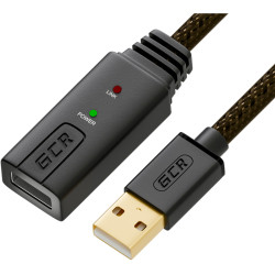 GCR Удлинитель активный 5.0m USB 2.0, AM/AF, GOLD, черно-прозрачный, с усилителем сигнала, 28/24 AWG, разъём для доп.питания, 44-050600