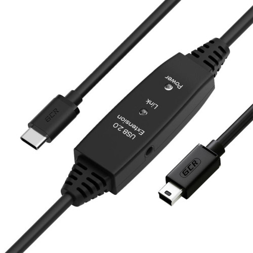 GCR PRO Кабель активный 5.0m TypeC / Mini 5P USB 2.0, с усилителем сигнала, разъём для доп.питания, черный, 28/24 AWG, GCR-57382