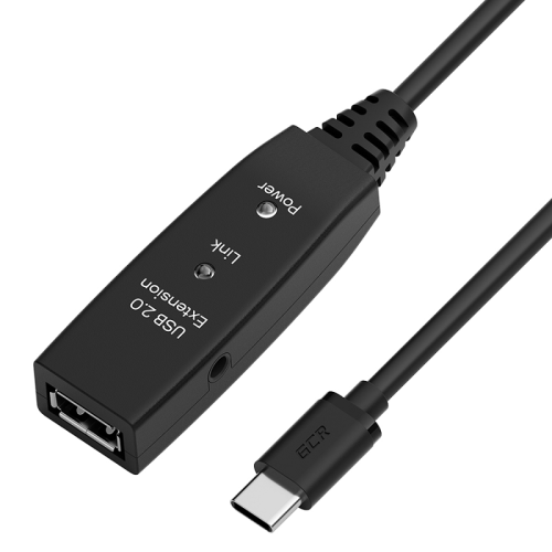 GCR PRO Кабель-переходник активный 5.0m Type-C / AF USB 2.0 с усилителем сигнала, разъём для доп.питания, черный, 28/24 AWG, GCR-55533