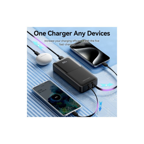Power Bank Vention 20000mAh(Micro-USB/C/A/A) со встроенными кабелями 22.5W Чёрный с LED Дисплеем, шт.
