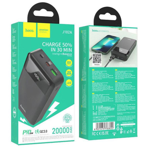 Мобильный аккумулятор Hoco J102A Cool figure 20000mAh QC/PD 20W 5A USB-A/USB-C черный (J102A COOL FIGURE BLACK)