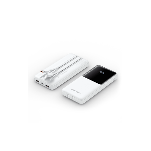 Power Bank Vention 10000mAh(Micro-USB/C/A/A) со встроенными кабелями 22.5W Белый с LED Дисплеем, шт.