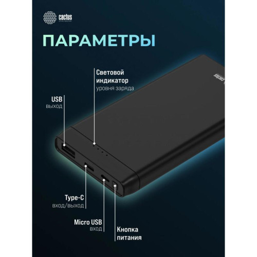 Мобильный аккумулятор Cactus CS-PBFSFT-10000 10000mAh 10.5W 2.1A 2xUSB-A черный