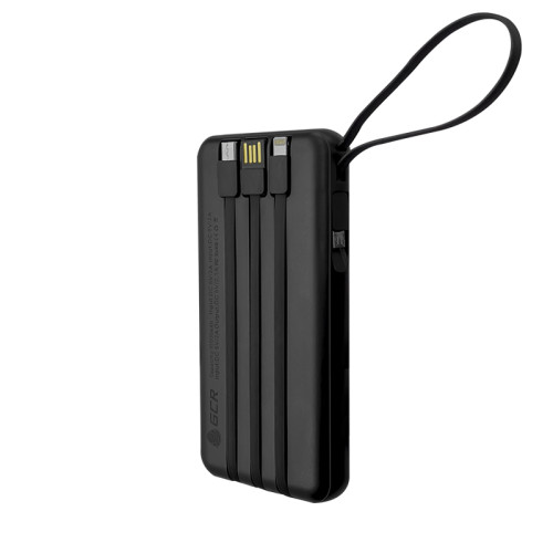 GCR PRO PowerBank на 10000mAh со встроенным кабелем USB / MicroUSB / TypeC / Lightning + фонарик, черный, GCR-55047