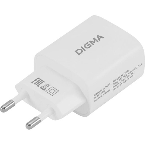 Сетевое зар./устр. Digma DGW2C 20W 3A (PD) USB-C универсальное белый (DGW2C0F010WH)