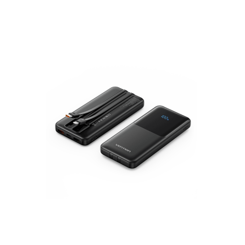 Power Bank Vention 10000mAh(Micro-USB/C/A/A) со встроенными кабелями 22.5W Чёрный с LED Дисплеем, шт.