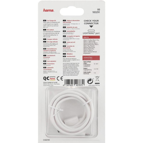 Автомобильное зар./устр. Hama H-183291 1A для Apple белый (00183291)
