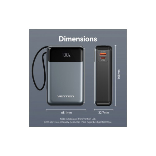 Power Bank Vention 20000mAh(USB-C + USB-C/USB-A) со встроенным кабелем 65W с LED Дисплеем, шт.