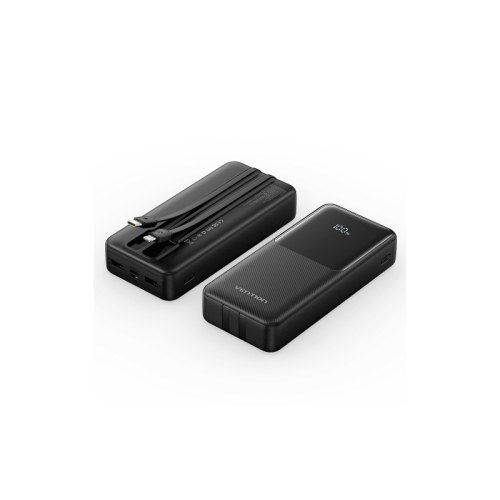 Power Bank Vention 20000mAh(Micro-USB/C/A/A) со встроенными кабелями 22.5W Чёрный с LED Дисплеем, шт.