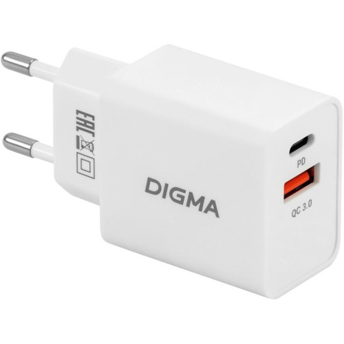 Сетевое зар./устр. Digma DGW2D 20W 3A+1A (PD+QC) USB-C/USB-A универсальное белый (DGW2D0F110WH)