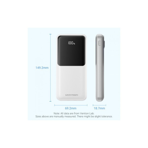 Power Bank Vention 10000mAh(Micro-USB/C/A/A) со встроенными кабелями 22.5W Белый с LED Дисплеем, шт.