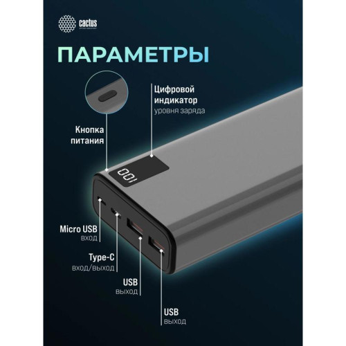 Мобильный аккумулятор Cactus CS-PBFSFA-20000 20000mAh 22.5W 4.5A 2xUSB-A/USB-C серый