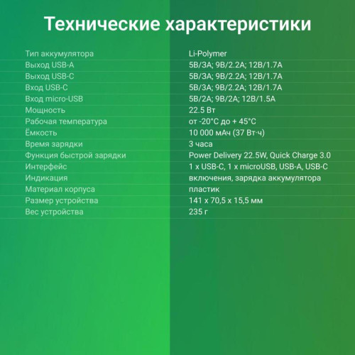 Мобильный аккумулятор Digma DGPF10B 10000mAh QC3.0/PD3.0 22.5W 3A USB-A/USB-C черный (DGPF10B22PBK)