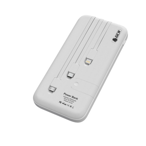 GCR PRO PowerBank на 10000mAh со встроенным кабелем MicroUSB / TypeC / Lightning + подставка для телефона, белый, GCR-51974
