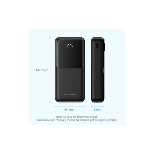 Power Bank Vention 20000mAh(Micro-USB/C/A/A) со встроенными кабелями 22.5W Чёрный с LED Дисплеем, шт.
