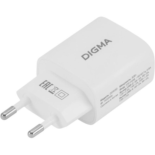 Сетевое зар./устр. Digma DGW3D 30W 3A (PD+QC) USB-C/USB-A универсальное белый (DGW3D0F110WH)
