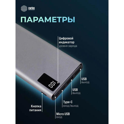Мобильный аккумулятор Cactus CS-PBFSLT-10000 10000mAh 3A 2xUSB-A/USB-C серый