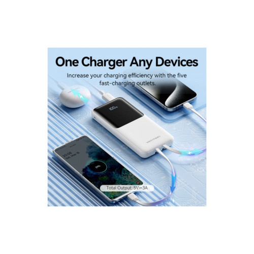 Power Bank Vention 10000mAh(Micro-USB/C/A/A) со встроенными кабелями 22.5W Чёрный с LED Дисплеем, шт.