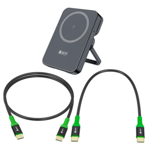 GCR PRO Комплект PowerBank магнитный 2в1 на 5000mAh MagSafe беспроводная зарядка/Type-C PD + 2 кабеля Type-C M/M, 0.15m/1.0m PD 60W, черный, GCR-57403