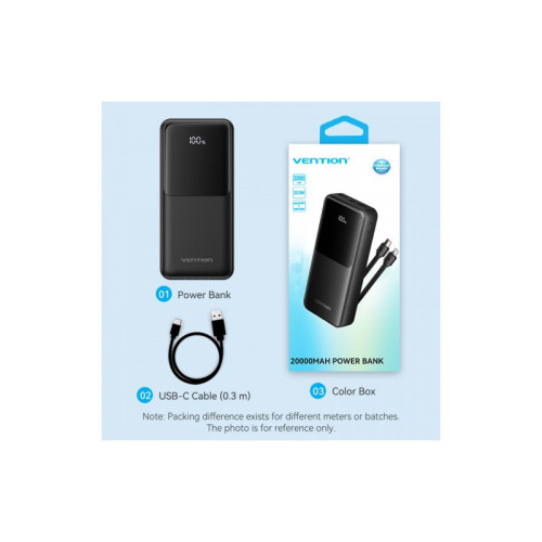 Power Bank Vention 20000mAh(Micro-USB/C/A/A) со встроенными кабелями 22.5W Чёрный с LED Дисплеем, шт.