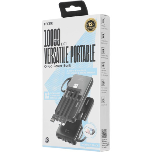 Внешний аккумулятор Tecno OnGO L101 10000mAh 12W 2.4A 2xUSB-A/USB-C черный