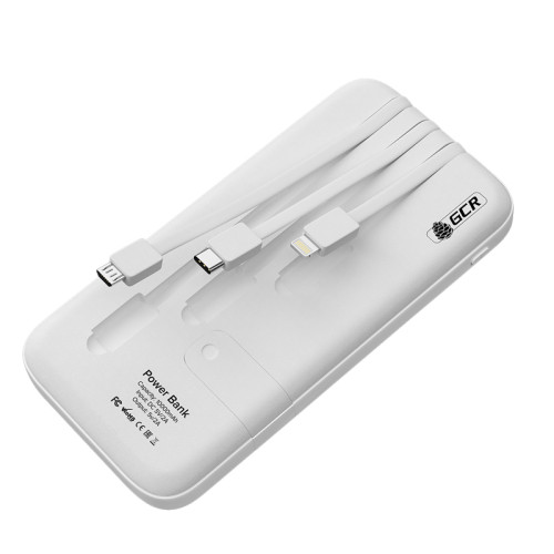 GCR PRO PowerBank на 10000mAh со встроенным кабелем MicroUSB / TypeC / Lightning + подставка для телефона, белый, GCR-51974