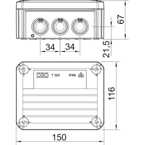 Коробка распределительная/ Коробка распределительная T100, 136х102х57 мм, IP66, вводы d25х10, серая (T 100)