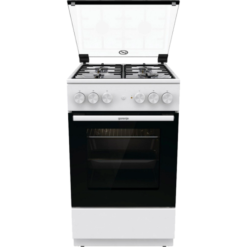 Комбинированная плита Gorenje, Линия Essential, Эмаль SilverMatte, объем духовки 68 л, механическое управление, электроподжиг, рельефные направляющие, 2 стекла+термослой, энергоэффективность А, цвет белый
