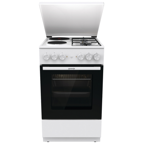 Комбинированная плита Gorenje, полезный объем 68 л, очистка паром AquaClean, сводчатая форма духовки, механическое управление, электроподжиг, цвет белый