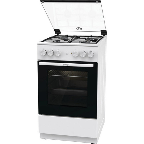 Комбинированная плита Gorenje, Линия Essential, Эмаль SilverMatte, объем духовки 68 л, механическое управление, электроподжиг, рельефные направляющие, 2 стекла+термослой, энергоэффективность А, цвет белый
