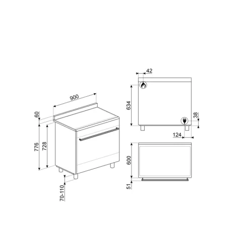 Варочный центр Smeg/ Варочный центр Smeg, Classica, серия Concerto, 90х60 см, газовая варочная поверхность, электрическая духовка, 5 конфорок, объем духовки 115 л, галогеновая подсветка, электромеханический контроль температуры, автоматический электроподж