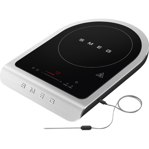 Настольная индукционная плита Smeg, 1 зона приготовления, мощность 1.45/2.1 кВт, сенсорное управление, таймер, звуковой сигнал, индикация остаточного тепла/времени, автоматическое отключение, термощуп, цвет черный матовый