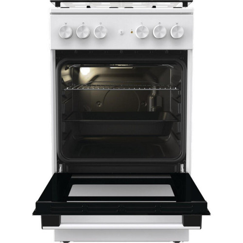 Комбинированная плита Gorenje, Линия Essential, Эмаль SilverMatte, объем духовки 68 л, механическое управление, электроподжиг, рельефные направляющие, 2 стекла+термослой, энергоэффективность А, цвет белый