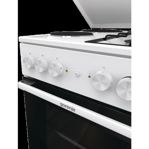 Комбинированная плита Gorenje, полезный объем 68 л, очистка паром AquaClean, сводчатая форма духовки, механическое управление, электроподжиг, цвет белый