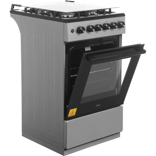 Газовая плита Midea, отдельностоящая, газовая варочная панель, 4 конфорки, автоподжиг, газконтроль, механический таймер (50 мин), объем дух. шкафа 59 л, цвет серый