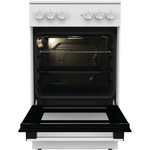 Плита Gorenje/ Плита Gorenje, полезный объем 63 л, эргономичные переключатели, эмаль SilverMatte, очистка паром, индикатор остаточного тепла для каждой конфорки, дверца CompactDoor 2 стекла + 1 термослой, стеклокерамическая варочная панель, цвет белый