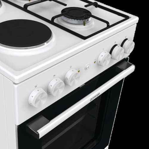 Комбинированная плита Gorenje, полезный объем 68 л, очистка паром AquaClean, сводчатая форма духовки, механическое управление, электроподжиг, цвет белый