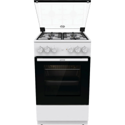 Комбинированная плита Gorenje, Линия Essential, Эмаль SilverMatte, объем духовки 68 л, механическое управление, электроподжиг, рельефные направляющие, 2 стекла+термослой, энергоэффективность А, цвет белый