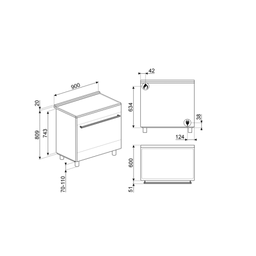 Варочный центр Smeg/ Варочный центр Smeg, Classica, серия Sinfonia, 90х60 см, газовая варочная поверхность, электрическая духовка, 5 конфорок, объем духовки 115 л, галогеновая подсветка, электромеханический контроль температуры, автоматический электроподж
