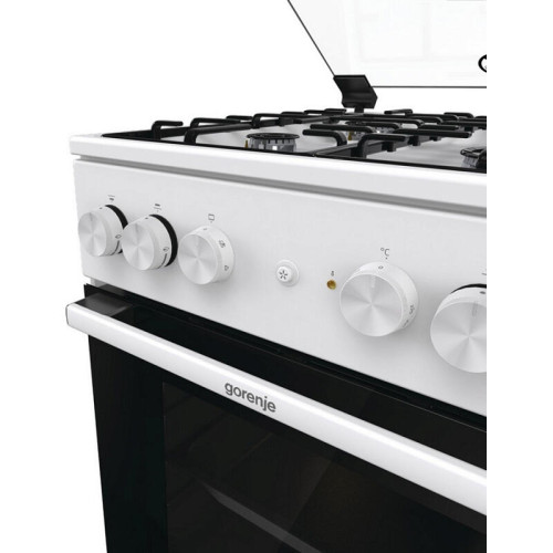 Комбинированная плита Gorenje, Линия Essential, Эмаль SilverMatte, объем духовки 68 л, механическое управление, электроподжиг, рельефные направляющие, 2 стекла+термослой, энергоэффективность А, цвет белый