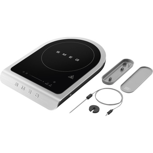 Настольная индукционная плита Smeg, 1 зона приготовления, мощность 1.45/2.1 кВт, сенсорное управление, таймер, звуковой сигнал, индикация остаточного тепла/времени, автоматическое отключение, термощуп, цвет черный матовый