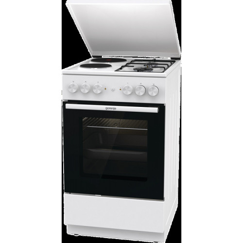 Комбинированная плита Gorenje, полезный объем 68 л, очистка паром AquaClean, сводчатая форма духовки, механическое управление, электроподжиг, цвет белый