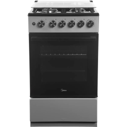 Газовая плита Midea, отдельностоящая, газовая варочная панель, 4 конфорки, автоподжиг, газконтроль, механический таймер (50 мин), объем дух. шкафа 59 л, цвет серый