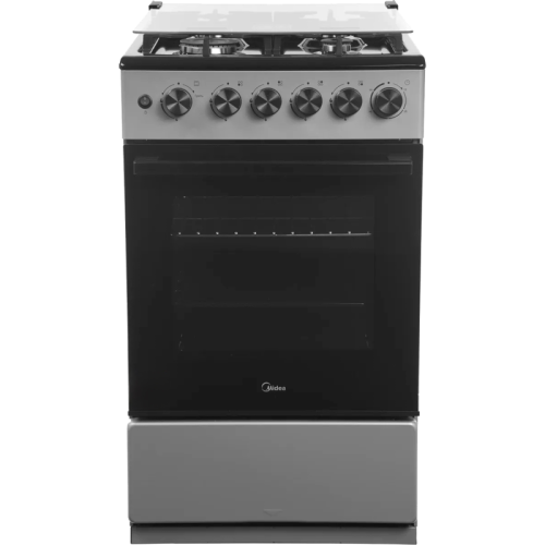 Газовая плита Midea, отдельностоящая, газовая варочная панель, 4 конфорки, автоподжиг, газконтроль, механический таймер (50 мин), объем дух. шкафа 59 л, цвет серый