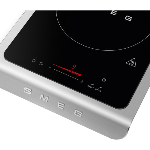 Настольная индукционная плита Smeg, 1 зона приготовления, мощность 1.45/2.1 кВт, сенсорное управление, таймер, звуковой сигнал, индикация остаточного тепла/времени, автоматическое отключение, термощуп, цвет черный матовый