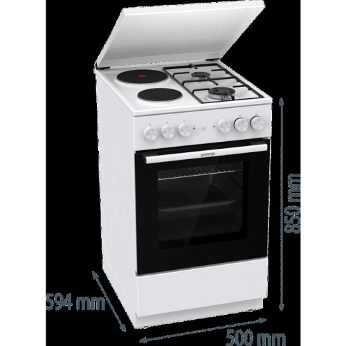 Комбинированная плита Gorenje, полезный объем 68 л, очистка паром AquaClean, сводчатая форма духовки, механическое управление, электроподжиг, цвет белый