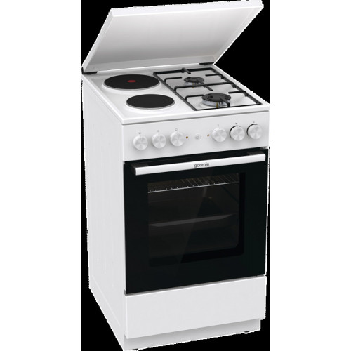 Комбинированная плита Gorenje, полезный объем 68 л, очистка паром AquaClean, сводчатая форма духовки, механическое управление, электроподжиг, цвет белый